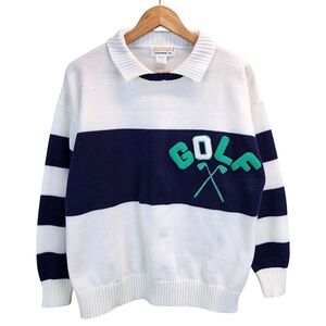 Vintage 90s Quantum Sportswear Sweater XL White Navy Stripes Preppy Golf Chic